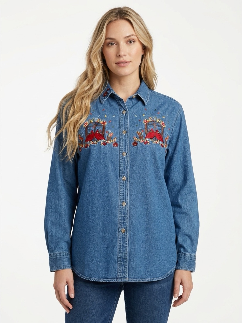 Bobbie Brooks Button Down Shirt Gay Cardinal Embroidery Denim Blue Size M